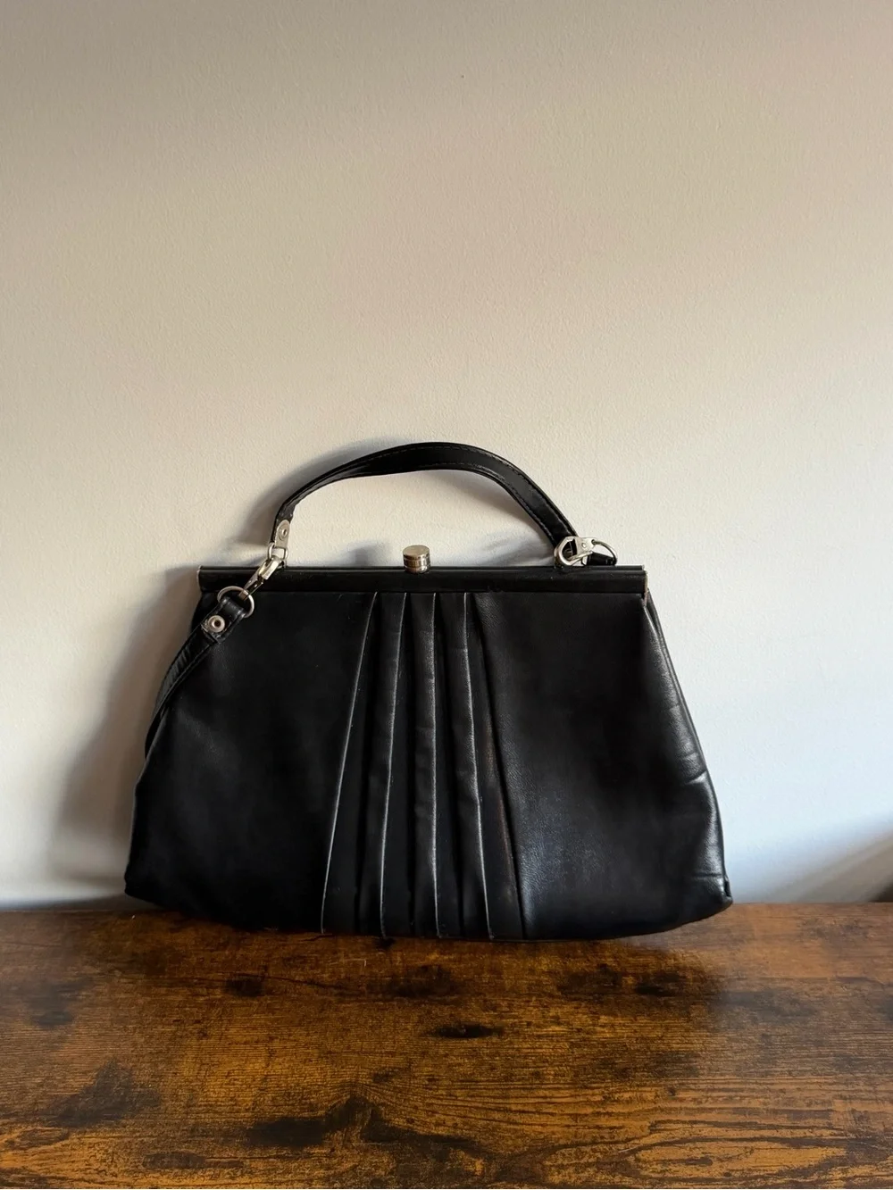 Vintage 1950s Black Pleated Frame Handbag ILGWU Union Made Mid Century Purse